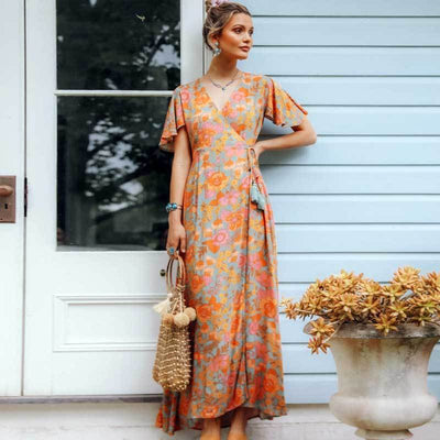 LUCILLE – Floral wrap dress with short sleeves | Light & airy maxi dress