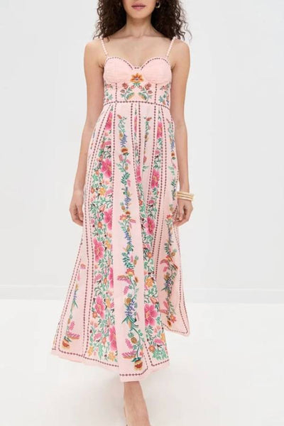 Delicate Forest Unique Print Sweetheart Neck Beaded Straps Maxi Dress
