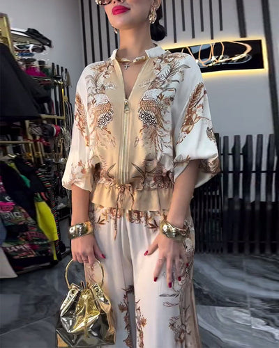 Temperament Stand Collar Zipper Wide Leg Suit