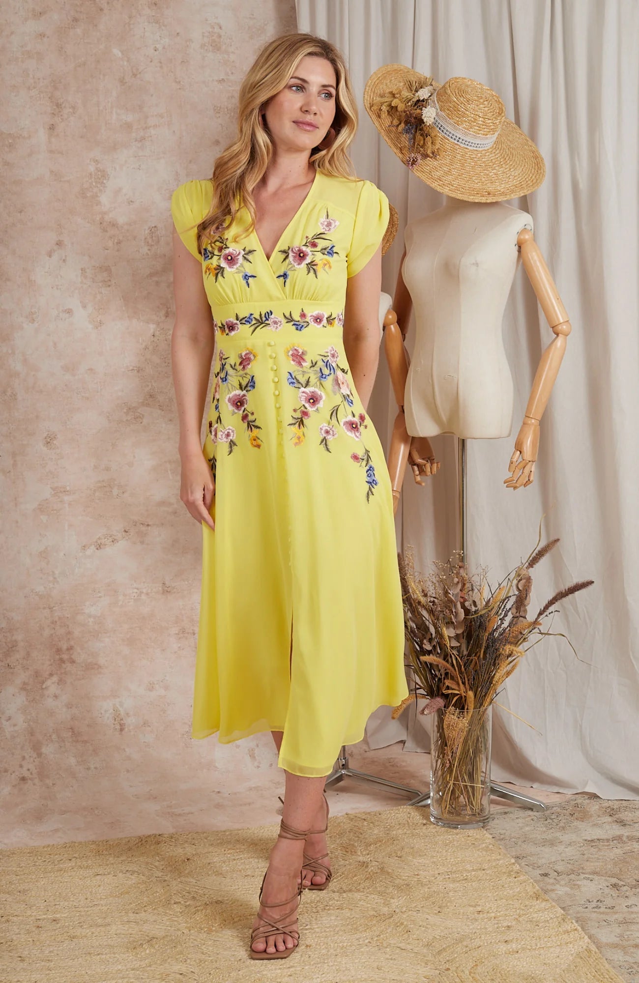 The Buttercup Embroidered Front Button Midi Dress