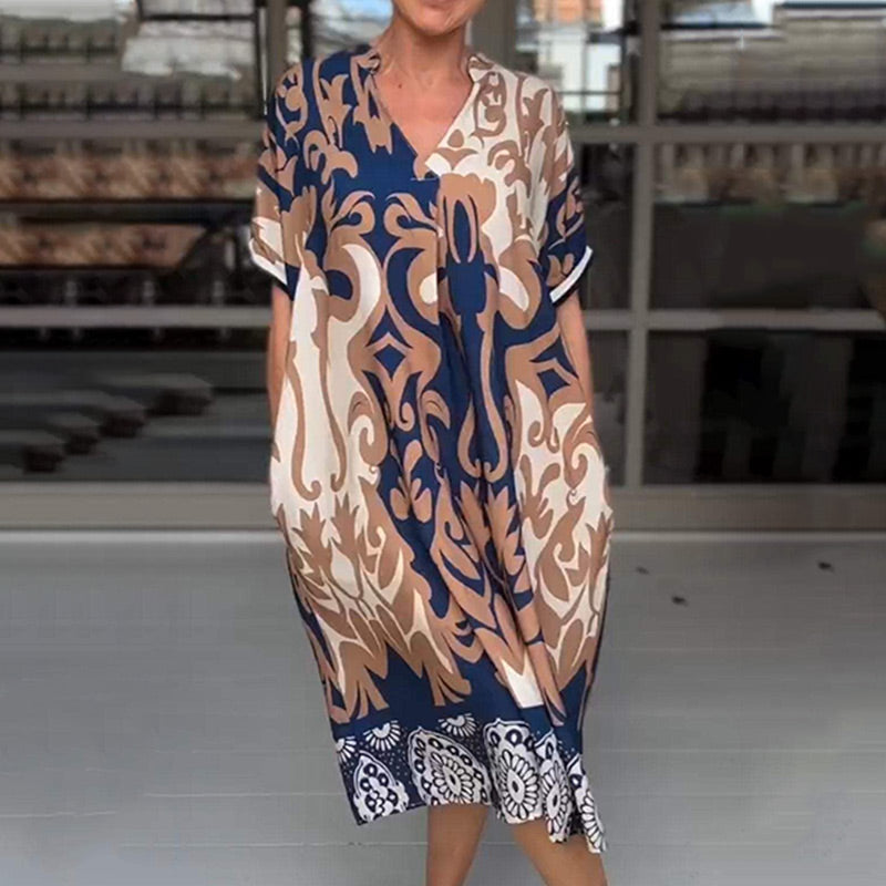 Printed V-neck loose midi dress