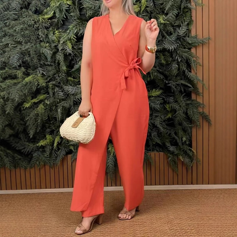 Women's solid color casual V-neck jumpsuit with tie belt