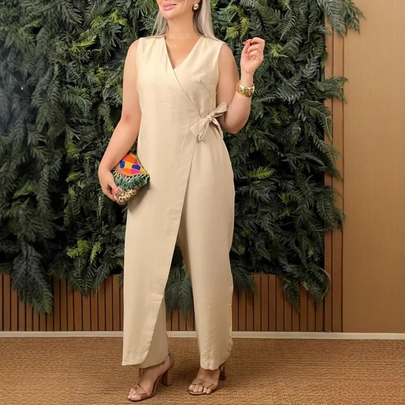 Women's solid color casual V-neck jumpsuit with tie belt