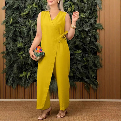 Women's solid color casual V-neck jumpsuit with tie belt