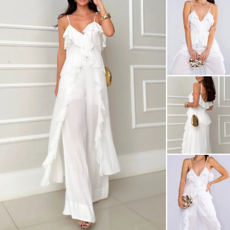 2-piece set of ruffled dress and spaghetti strap pants