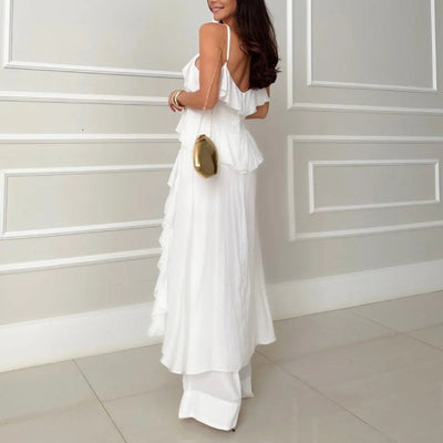 2-piece set of ruffled dress and spaghetti strap pants