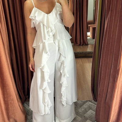 2-piece set of ruffled dress and spaghetti strap pants