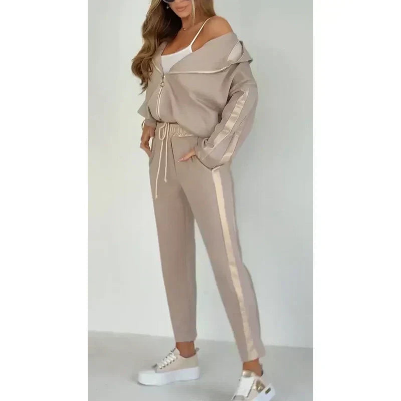 Women's Striped Hooded Leisure Suit with Drawstring