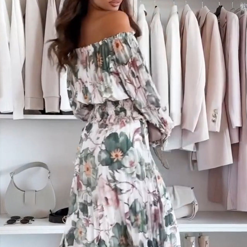 Floral Pattern Two Piece Set: Off Shoulder Blouse & Long Skirt