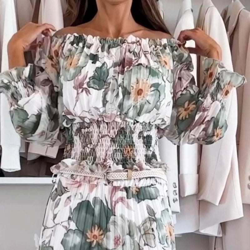 Floral Pattern Two Piece Set: Off Shoulder Blouse & Long Skirt