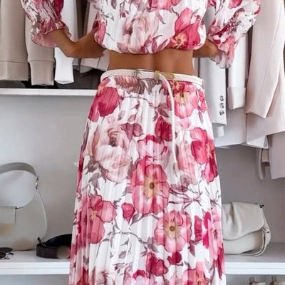 Floral Pattern Two Piece Set: Off Shoulder Blouse & Long Skirt