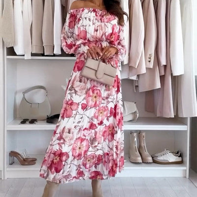Floral Pattern Two Piece Set: Off Shoulder Blouse & Long Skirt