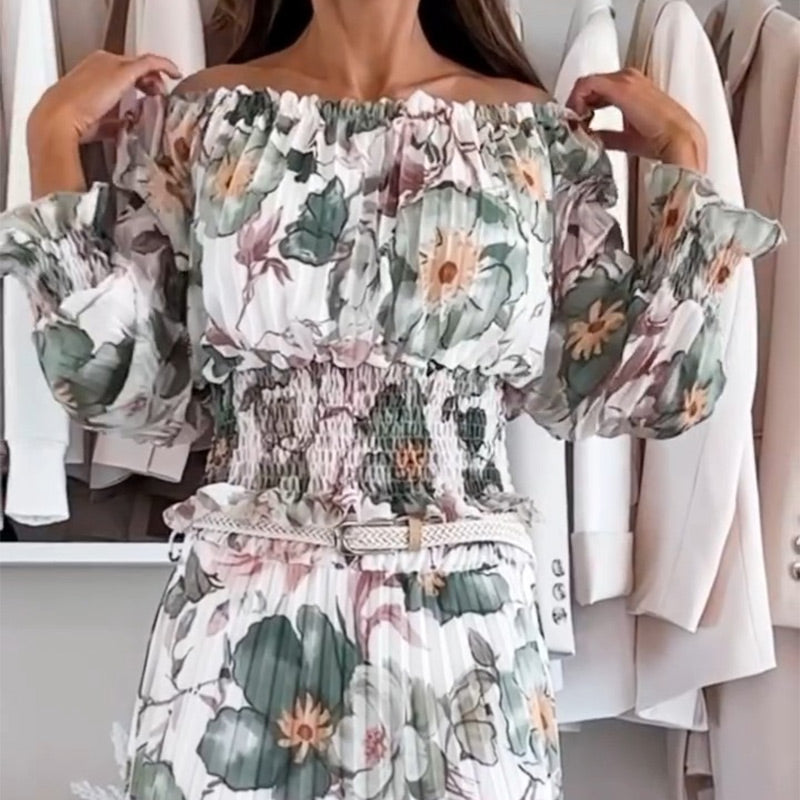 Floral Pattern Two Piece Set: Off Shoulder Blouse & Long Skirt