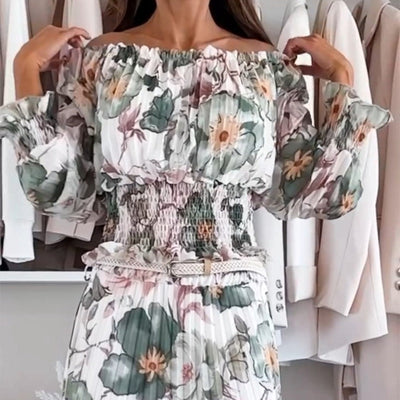 Floral Pattern Two Piece Set: Off Shoulder Blouse & Long Skirt